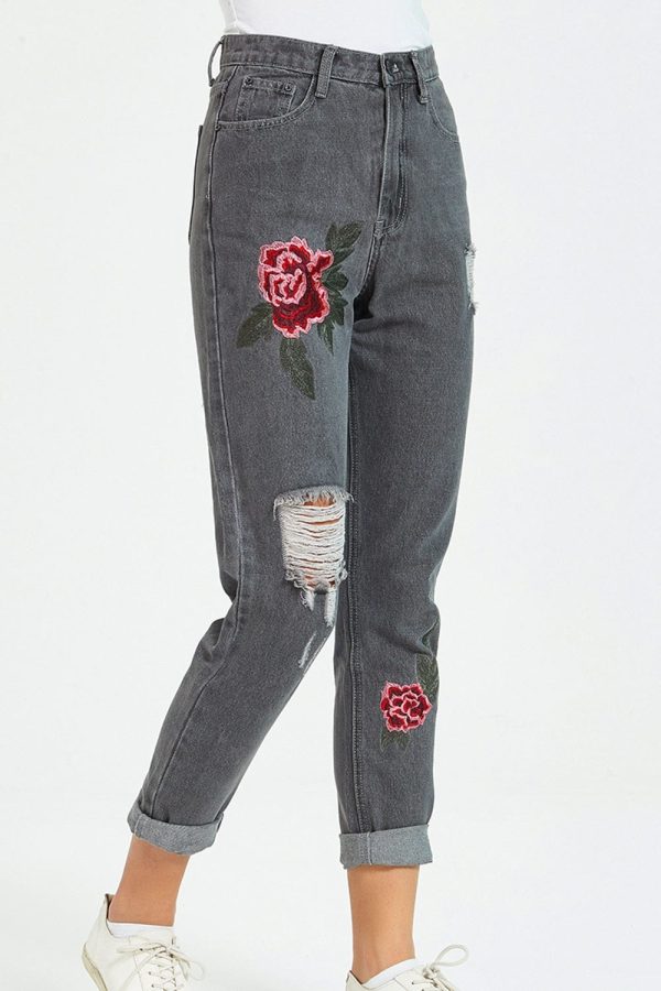Flower Embroidery Distressed Jeans - Image 3