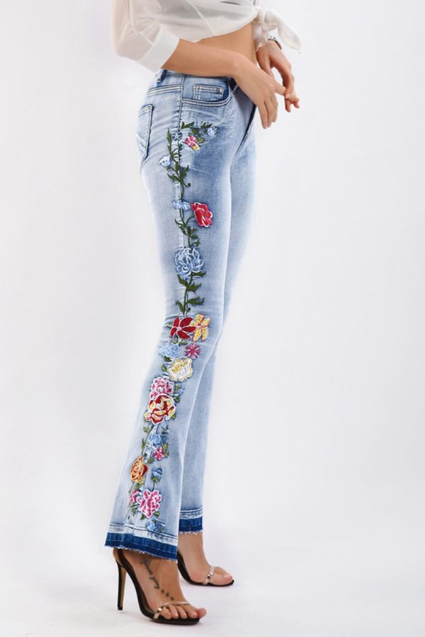 Full Size Flower Embroidery Wide Leg Jeans - Image 3