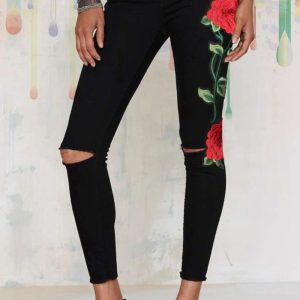 Full Size Rose Embroidery Cutout Jeans