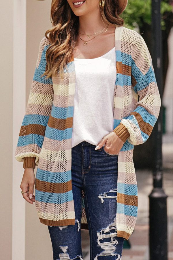 Full Size Striped Long Sleeve Openwork Cardigan - Image 13