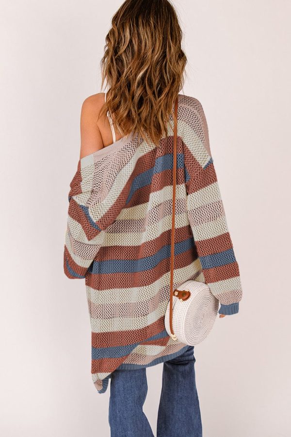 Full Size Striped Long Sleeve Openwork Cardigan - Image 6