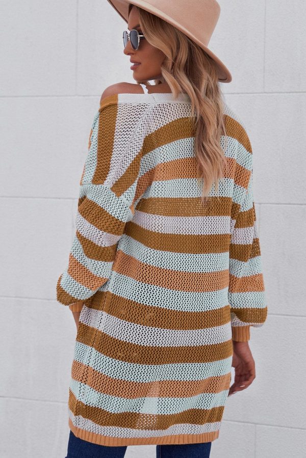 Full Size Striped Long Sleeve Openwork Cardigan - Image 11