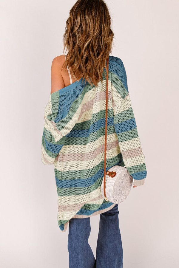 Full Size Striped Long Sleeve Openwork Cardigan - Image 8