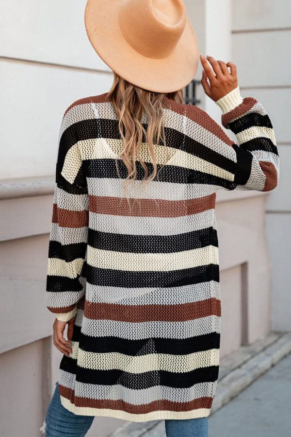 Full Size Striped Long Sleeve Openwork Cardigan - Image 2