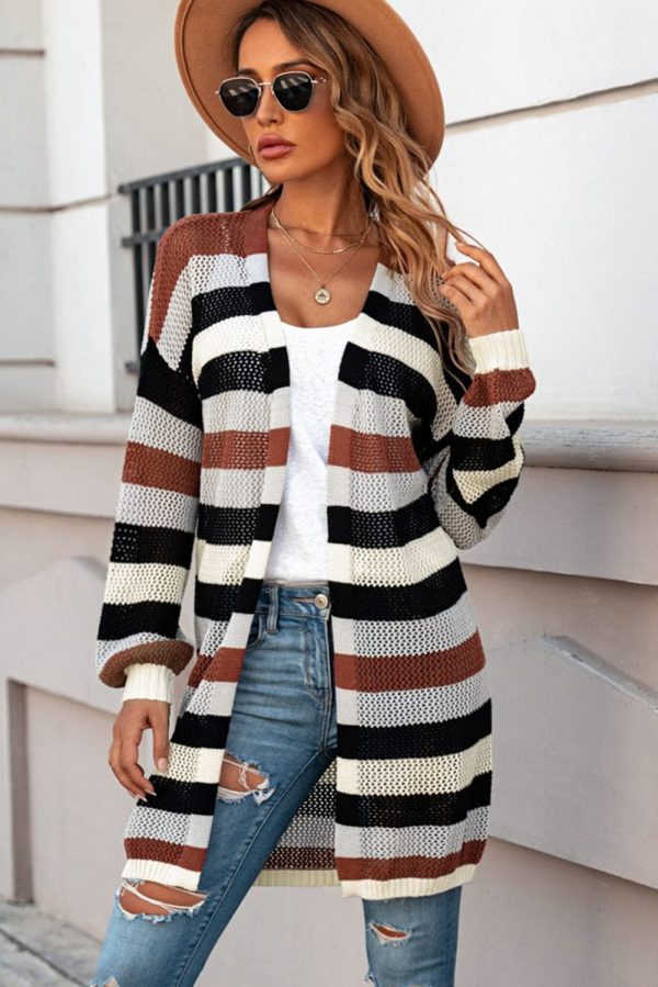 Full Size Striped Long Sleeve Openwork Cardigan - Image 3