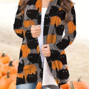 Halloween Pumpkin Pattern Open Front Long Sleeve Cardigan