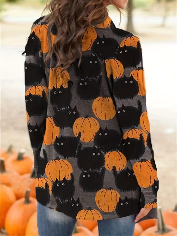 Halloween Pumpkin Pattern Open Front Long Sleeve Cardigan - Image 2