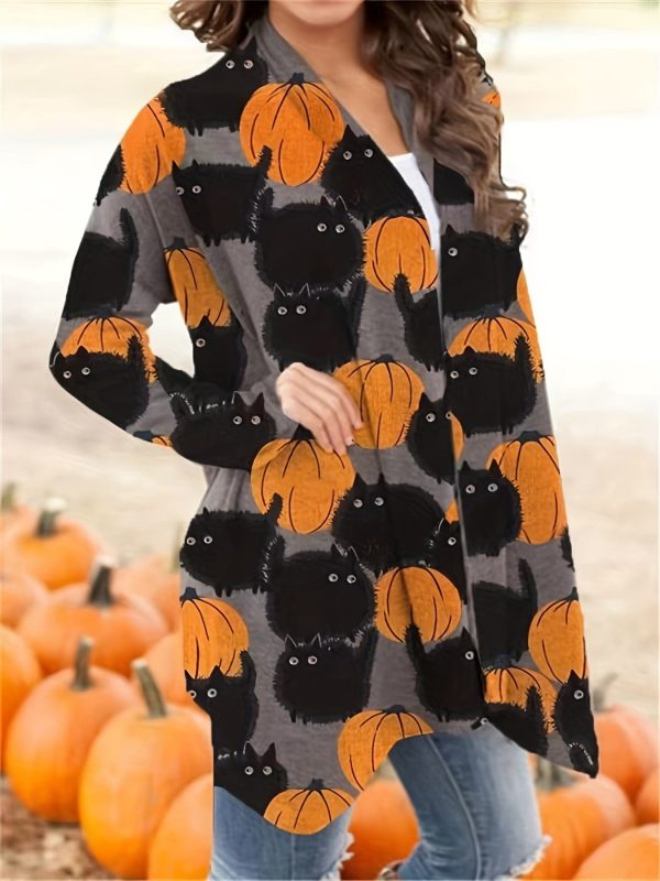 Halloween Pumpkin Pattern Open Front Long Sleeve Cardigan - Image 3