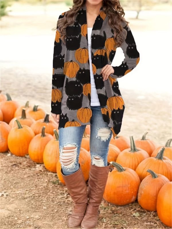 Halloween Pumpkin Pattern Open Front Long Sleeve Cardigan - Image 4