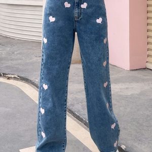 Heart Print Buttoned Jeans