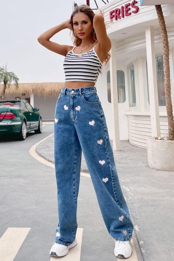 Heart Print Buttoned Jeans - Image 5