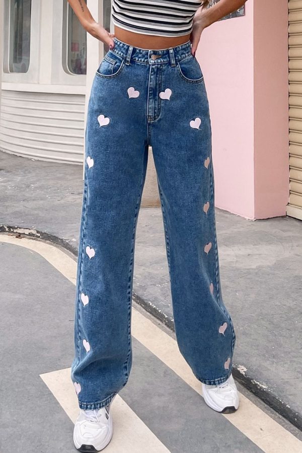 Heart Print Buttoned Jeans - Image 3