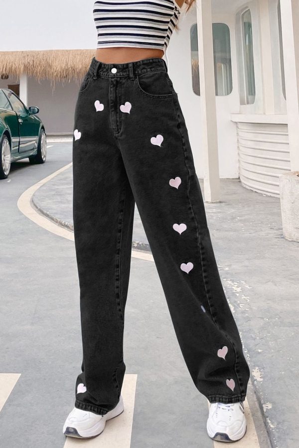 Heart Print Buttoned Jeans - Image 7