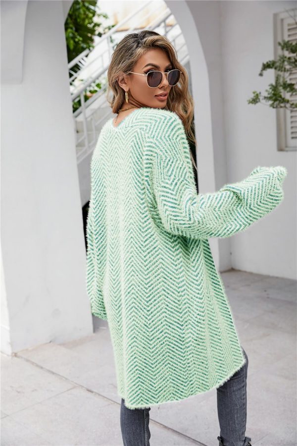 Herringbone Pattern Open Front Longline Fuzzy Cardigan - Image 16