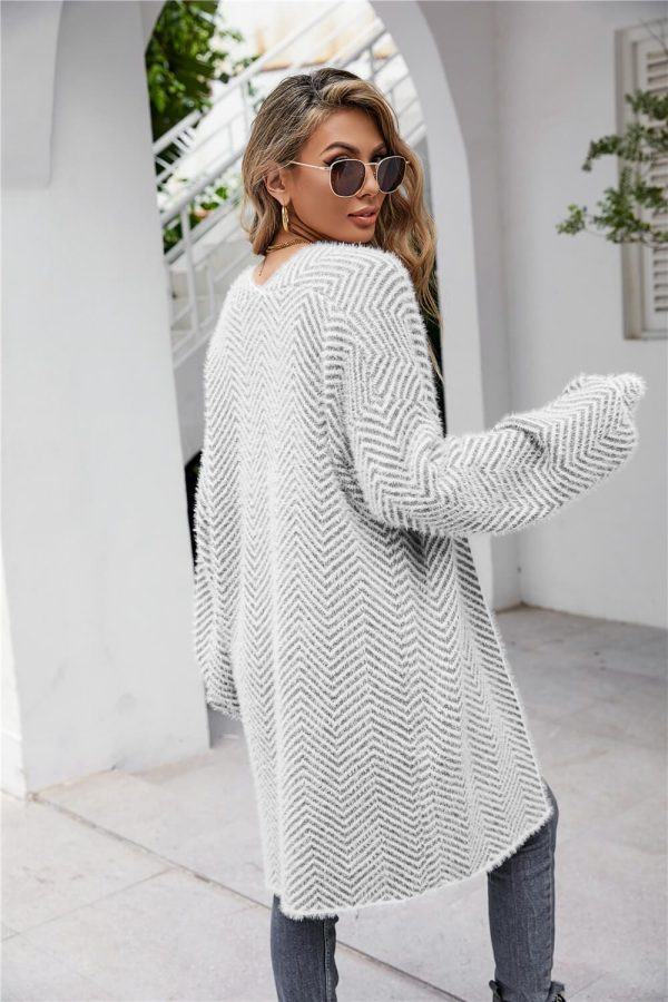 Herringbone Pattern Open Front Longline Fuzzy Cardigan - Image 10