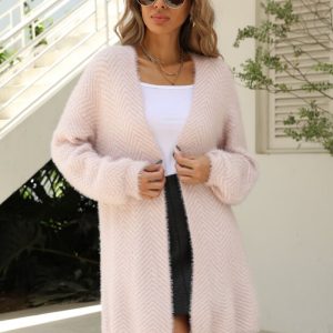Herringbone Pattern Open Front Longline Fuzzy Cardigan