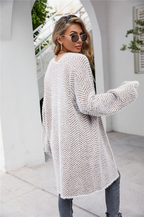 Herringbone Pattern Open Front Longline Fuzzy Cardigan - Image 13