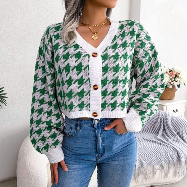 Houndstooth V-Neck Dropped Shoulder Cropped Cardigan - Image 5