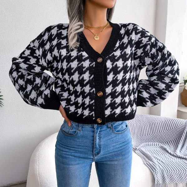 Houndstooth V-Neck Dropped Shoulder Cropped Cardigan - Image 2