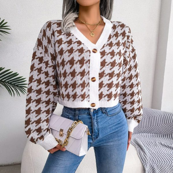 Houndstooth V-Neck Dropped Shoulder Cropped Cardigan - Image 8
