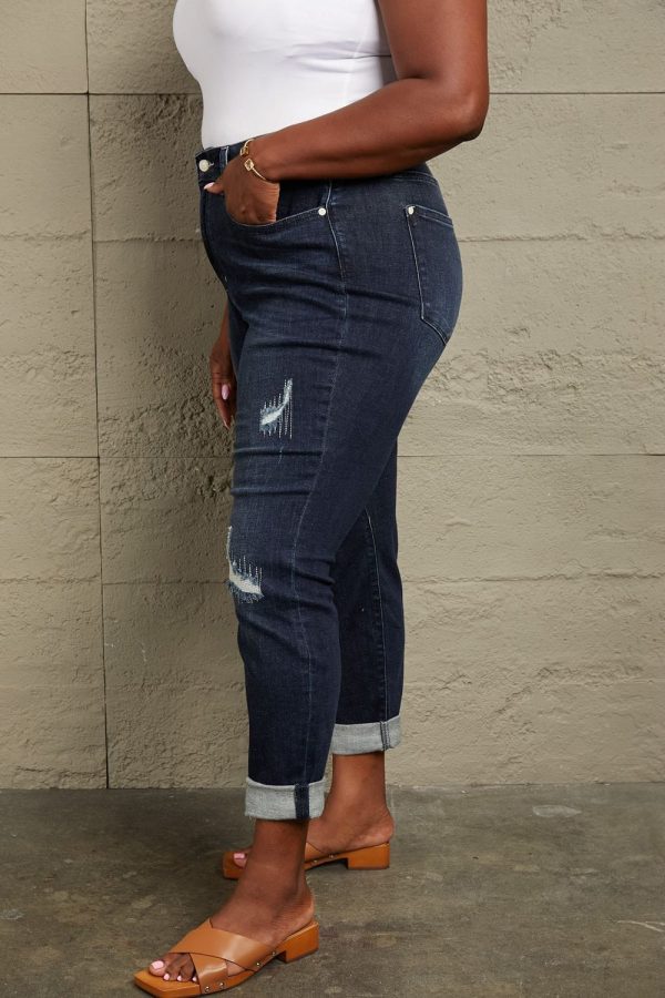Judy Blue Full Size Mid Rise Distressed Cuffed Boyfriend Jeans - Image 3