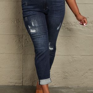 Judy Blue Full Size Mid Rise Distressed Cuffed Boyfriend Jeans
