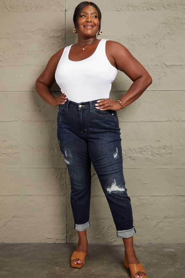 Judy Blue Full Size Mid Rise Distressed Cuffed Boyfriend Jeans - Image 4