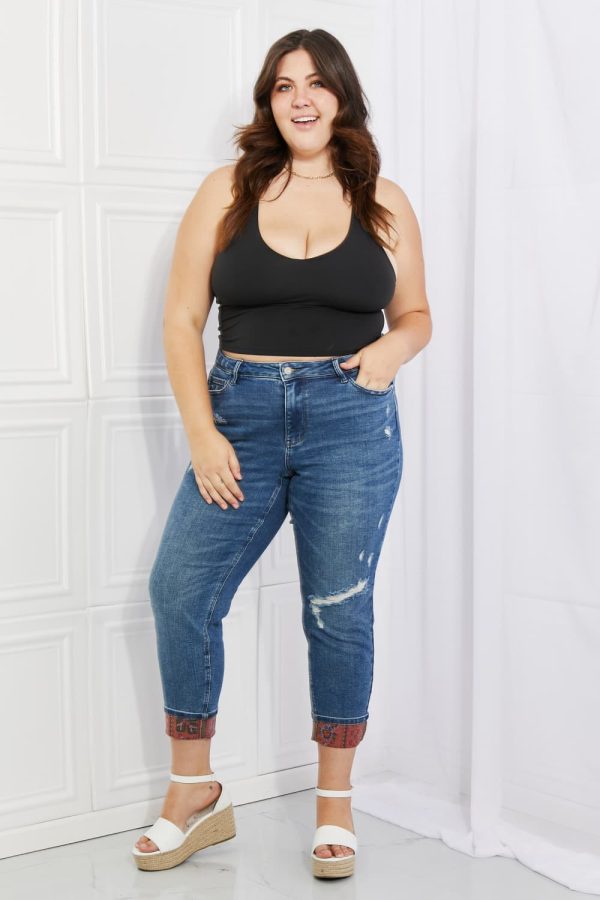 Judy Blue Gina Full Size Mid Rise Paisley Patch Cuff Boyfriend Jeans - Image 6