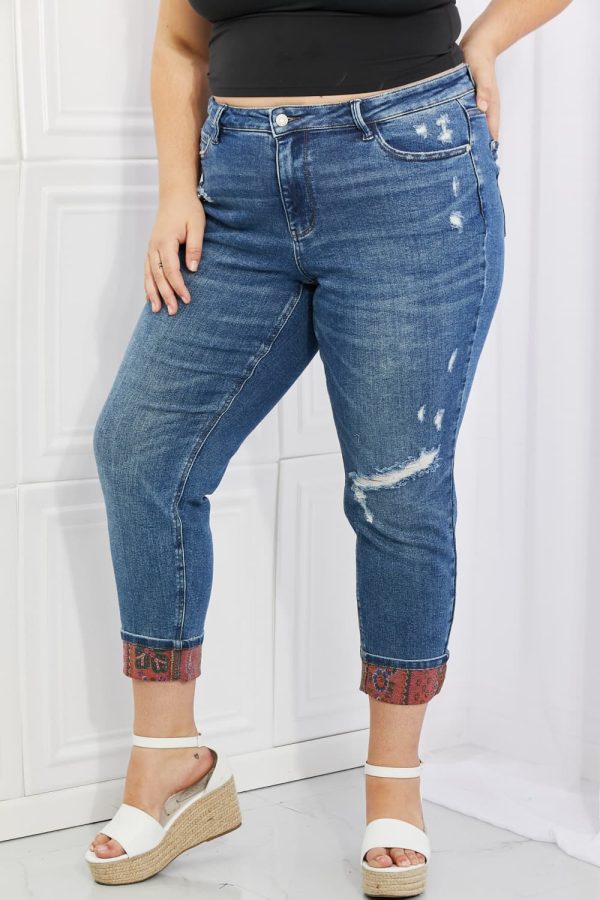 Judy Blue Gina Full Size Mid Rise Paisley Patch Cuff Boyfriend Jeans - Image 3