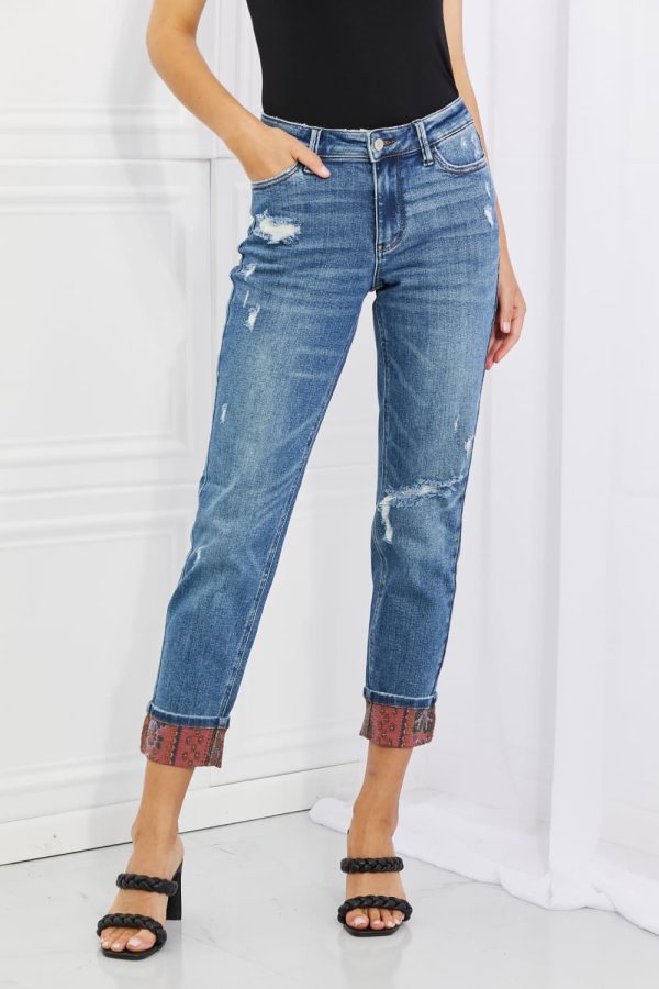 Judy Blue Gina Full Size Mid Rise Paisley Patch Cuff Boyfriend Jeans - Image 8