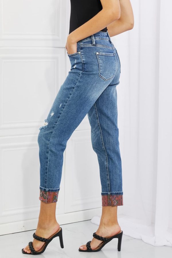 Judy Blue Gina Full Size Mid Rise Paisley Patch Cuff Boyfriend Jeans - Image 9
