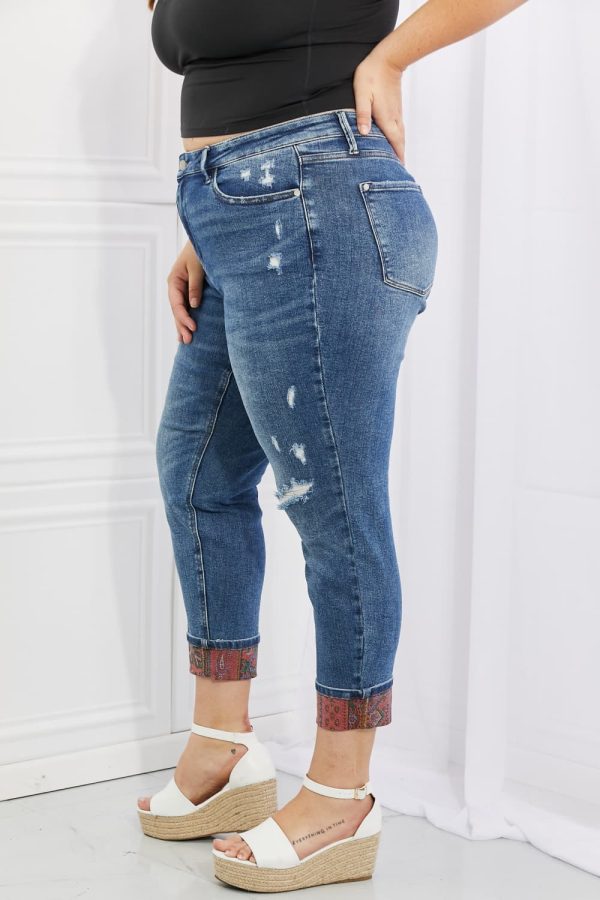 Judy Blue Gina Full Size Mid Rise Paisley Patch Cuff Boyfriend Jeans - Image 4