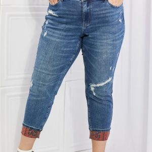 Judy Blue Gina Full Size Mid Rise Paisley Patch Cuff Boyfriend Jeans