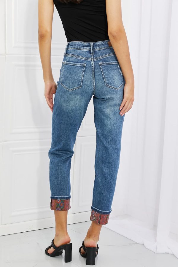 Judy Blue Gina Full Size Mid Rise Paisley Patch Cuff Boyfriend Jeans - Image 10