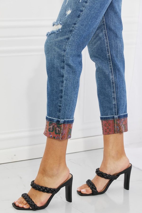 Judy Blue Gina Full Size Mid Rise Paisley Patch Cuff Boyfriend Jeans - Image 11