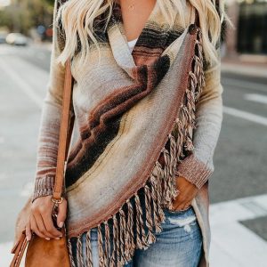 Knitted Turtleneck Cloak Cardigan with Tassel Fringe for Women