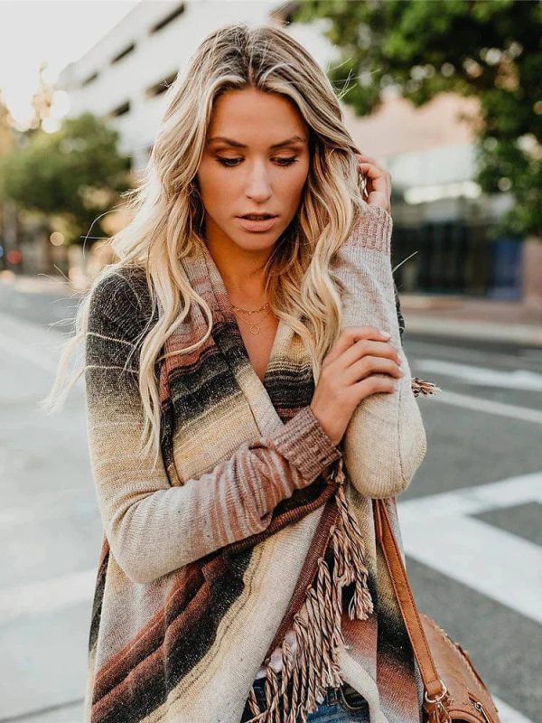 Knitted Turtleneck Cloak Cardigan with Tassel Fringe for Women - Image 5