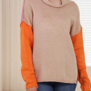 Lazy Turtle Collar Sweater In Contrast Colors For Women