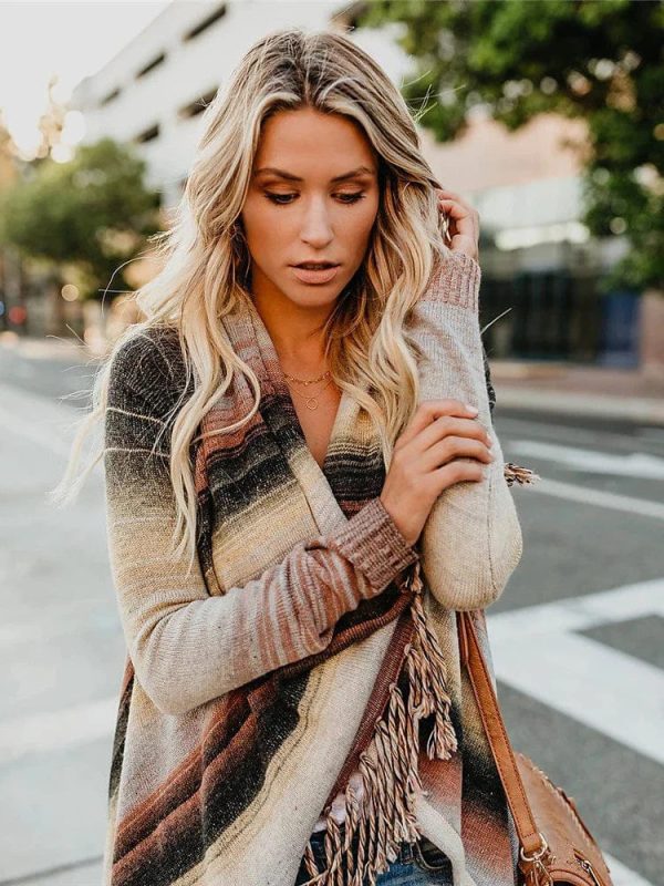 Knitted Turtleneck Cloak Cardigan with Tassel Fringe for Women - Image 10