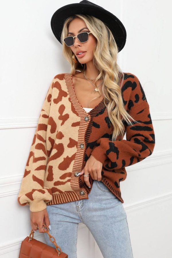 Leopard Button Front Ribbed Trim Cardigan - Image 19