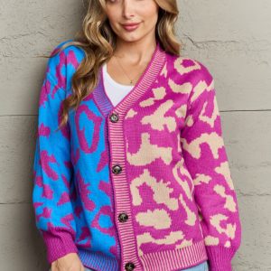 Leopard Button Front Ribbed Trim Cardigan