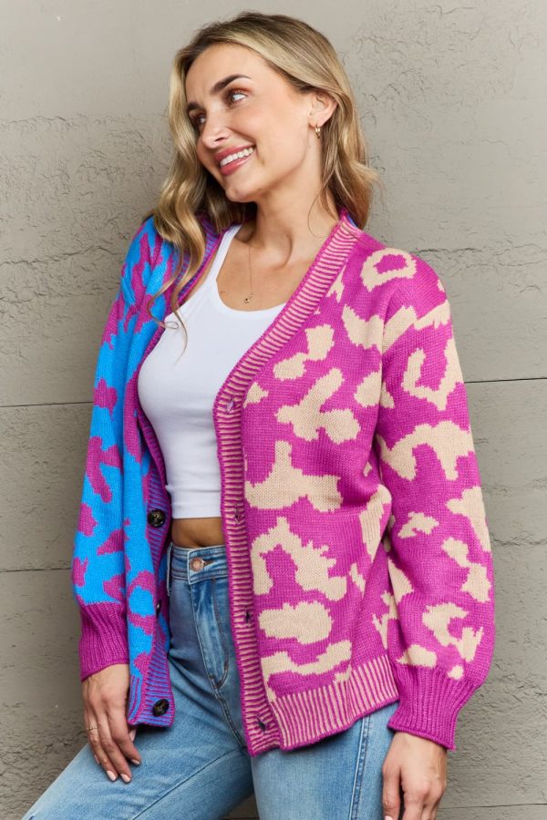 Leopard Button Front Ribbed Trim Cardigan - Image 3