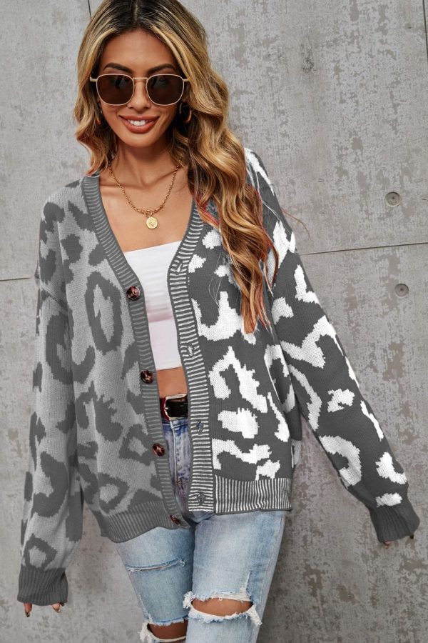 Leopard Button Front Ribbed Trim Cardigan - Image 13