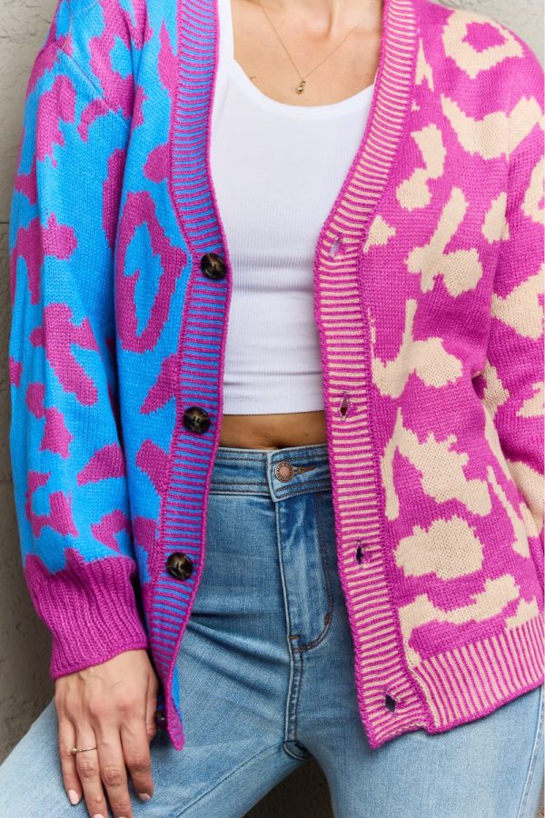 Leopard Button Front Ribbed Trim Cardigan - Image 5