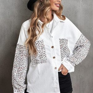 Leopard Print Corduroy Cardigan Jacket For Women With Pocket