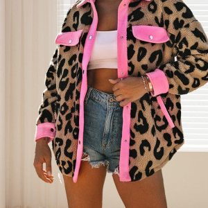 Leopard Print Polar Fleece Cardigan Jacket For Women