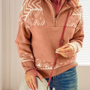 Loose Fit Geometric Stand Collar Sweater With Zipper Detail For Women