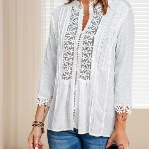 Loose Stand-Up Collar Lace Cardigan - Women'S Cotton Three-Quarter Sleeve Blouse