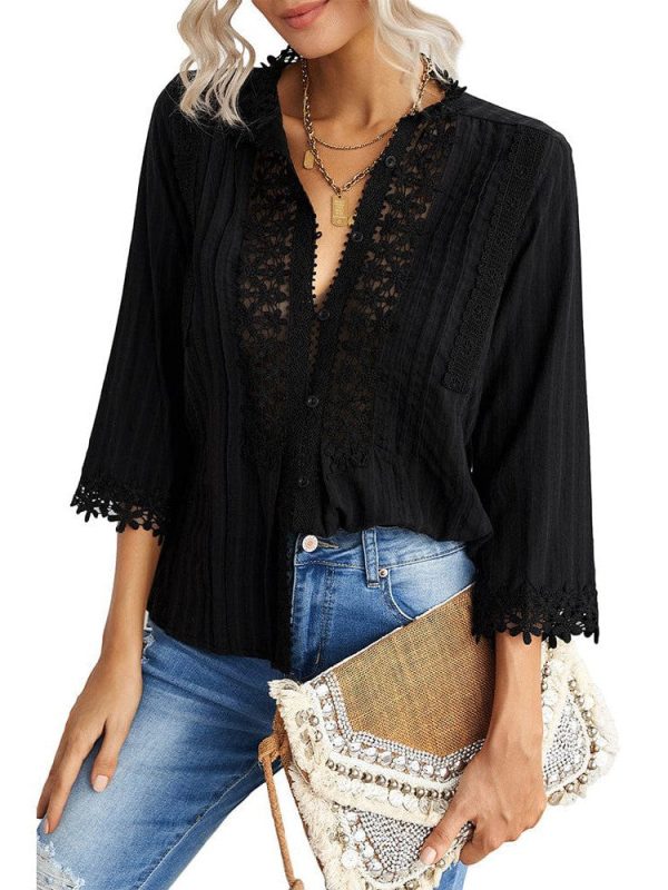 Loose Stand-Up Collar Lace Cardigan - Women'S Cotton Three-Quarter Sleeve Blouse - Image 8