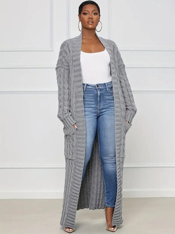 Elegant Solid Long Sleeve Mid-Calf Length Loose Cable Knit Cardigan - Image 7